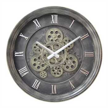 Luxury 3D Rotating Gear Plastic Wall Clock Antique Silver Vintage Industrial Design Silent Quartz Needle Roman Numerals Living