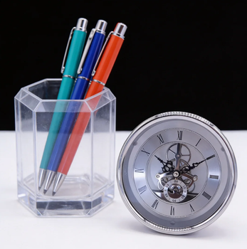 149mm Modern Steampunk Silver Skeleton Plastic Desk/Table Clock Visible Moving Gears Transparent Roman Numerals Battery Operated