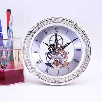 Luxury Silver Skeleton Desk Clock Rhinestone Bezel Transparent Plastic Battery Operated Quartz Movement Roman Numerals Home